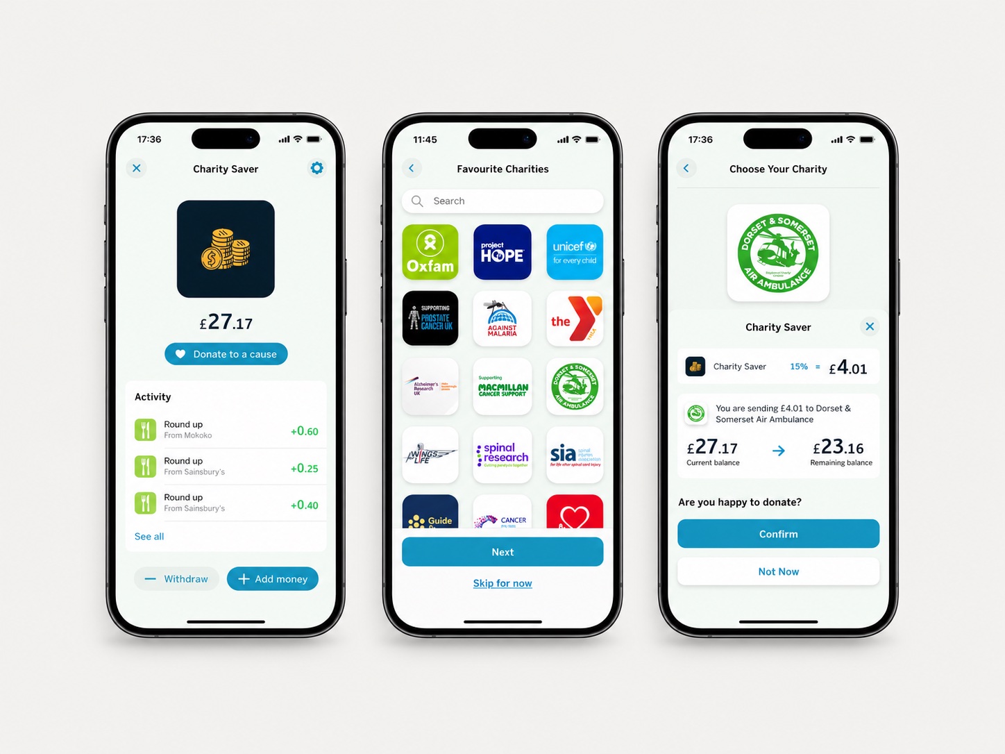 Key screens from the charity pots prototype