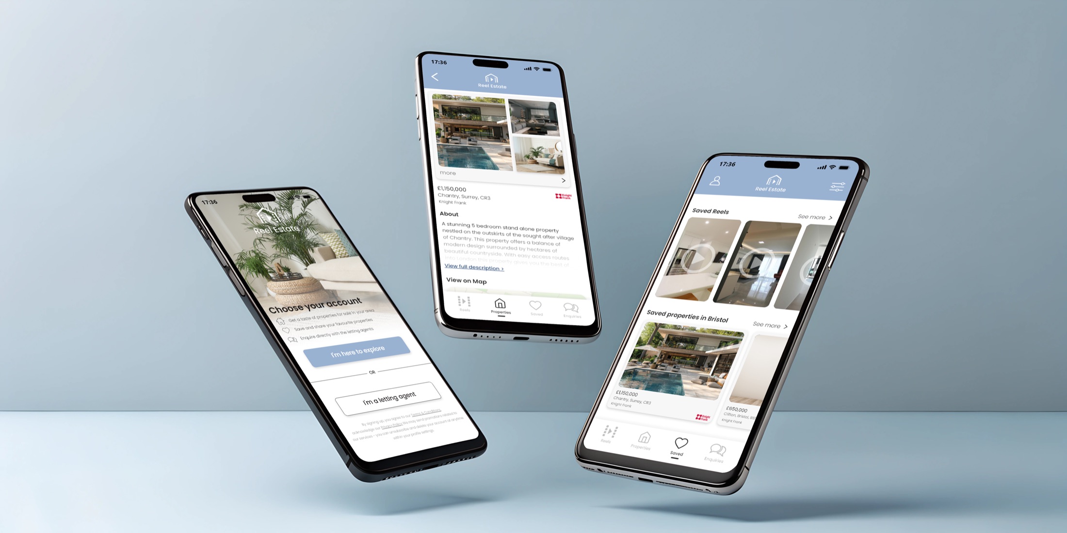 ReelEstate screens: the reel home feed, search, listing detail
              and the two onboarding routes